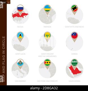 Karte und Flagge im Kreis von 9 Ländern: Russland, Ruanda, St. Kitts und Nevis, St. Lucia, St. Vincent und die Grenadinen, Samoa, San Marino, Sao Stock Vektor