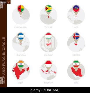 Karte und Flagge im Kreis von 9 Ländern: Guinea-Bissau, Guyana, Haiti, Honduras, Ungarn, Island, Indien, Indonesien, Iran Stock Vektor