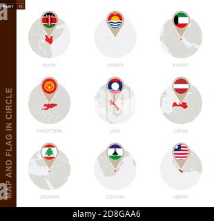 Karte und Flagge im Kreis von 9 Ländern: Kenia, Kiribati, Kuwait, Kirgisistan, Laos, Lettland, Libanon, Lesotho, Liberia Stock Vektor