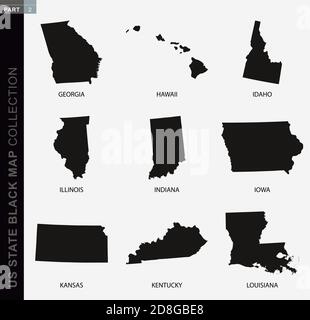 Schwarze Kartensammlung von USA-Staaten, schwarze Konturkarten. US-Staatskarte Sammlung Teil 2. Stock Vektor