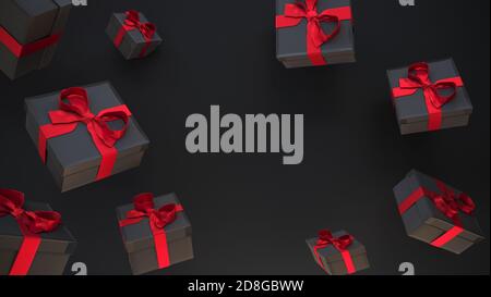 3D-Rendering. Konzept der fallenden schwarzen Geschenk-Boxen. Black friday 3D-Illustration. Stockfoto