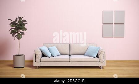 Rosa minimalistisches Wohnzimmer mit Sofa, Kommode auf einem Holzboden, Dekor an einer großen Wand, rosa Landschaft im Fenster. Inneneinrichtung. 3D-Illustration Stockfoto