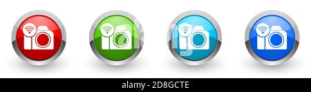 Fotokamera, Kommunikation, WLAN silber metallic glänzende Ikonen, Satz von modernen Design-Tasten für Web-, Internet-und mobile Anwendungen in vier Farben Stockfoto