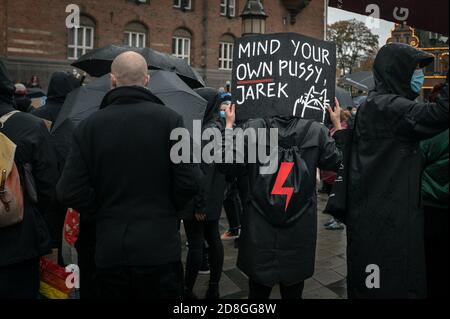 Kopenhagen, Dänemark. Oktober 2020. Polen in Dänemark und Unterstützer protestieren gegen das strenge Abtreibungsgesetz in Polen. Demonstranten halten Plakate mit Parolen hoch und tragen das rote Blitzbild, das zu einem Symbol der Proteste geworden ist. Stockfoto