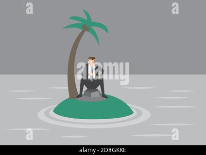 Vektor-Illustration von Cartoon Geschäftsmann auf einer winzigen tropischen Insel von Wasser umgeben gefangen. Stock Vektor