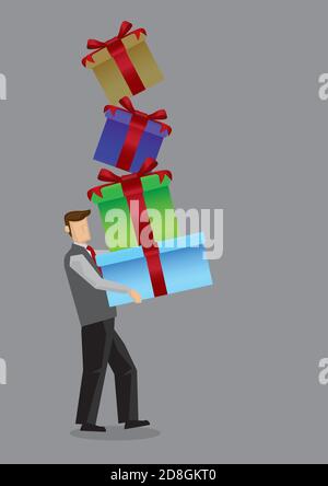 Seitenansicht des modernen Mannes, der einen wackelnden Stapel Geschenkschachteln trägt. Cartoon Vektor-Illustration für Geschenk-Shopping und Konsumdenken, Konzept isoliert auf grau Stock Vektor