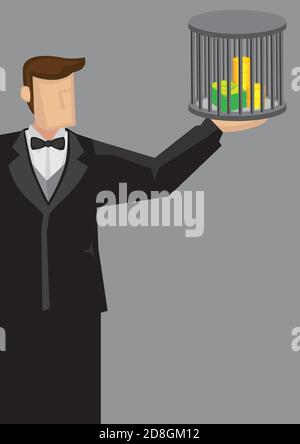 Cartoon Mann in Smoking hält einen Käfig mit Geld in ihm. Kreative Vektor-Illustration für Geld sicher Metapher für persönliche Finanzen Konzept ist Stock Vektor