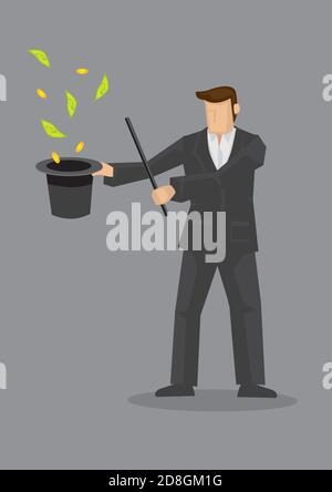 Magier in mit Magie führt Zaubertrick mit Münzen und Dollar-Scheine fliegen aus dem Hut. Vektordarstellung auf grauem Hintergrund isoliert. Stock Vektor