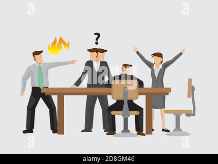 Vektordarstellung über verschiedene Verhaltensweisen von Geschäftsleuten während hitziger Konflikte in Meetings. Konzept zur Konfliktbewältigung am Arbeitsplatz. Stock Vektor