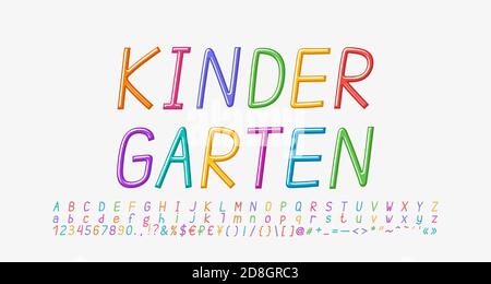 Bunte Cartoon Kursiv Alphabet, dünne lineare Schrift Regenbogen helle Farben. Groß- und Kleinbuchstaben, Zahlen, Satzzeichen. Vektor. Stock Vektor