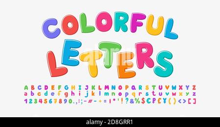 Bunte Cartoon Alphabet, Blase Form Schrift Regenbogen helle Farben. Groß- und Kleinbuchstaben, Zahlen, Satzzeichen. Vektor. Stock Vektor