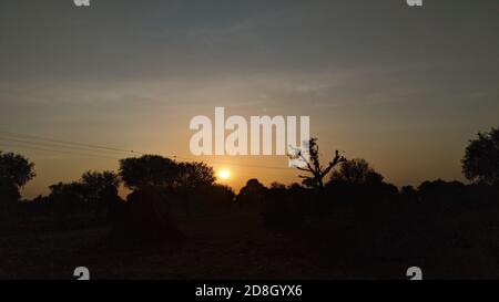 Am frühen Morgen, Misty Morgen in einem Kornfeld. Ruhiger Herbstaufgang über dem Feld. Wunderschöne Landschaft. Erste Sonnenstrahlen. Stockfoto