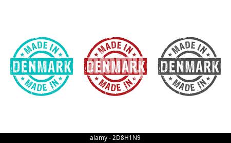 Made in Denmark Stempelsymbole in wenigen Farbversionen. Fabrik, Fertigung und Produktion Land Konzept 3D-Rendering Illustration. Stockfoto