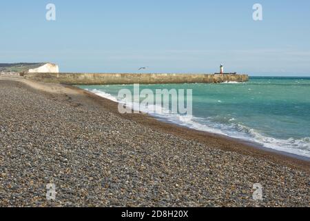 Kiesstrand und Hafenarm mit Leuchtturm in Newhaven, East Sussex, England Stockfoto