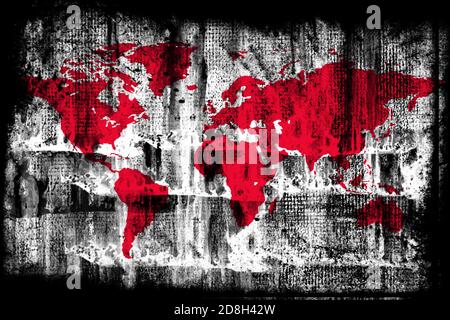 Grunge antike Weltkarte auf alten grungy Wand. Kratzoberfläche. Alte Papierstruktur. Monochrome Abbildung Stockfoto