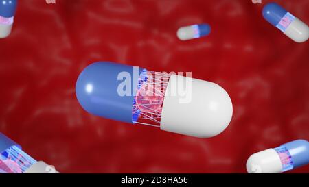 COVID-19-Impfstoff. Blaue und weiße Pille zerstört rote Coronavirus-Krankheit. Gesundheitswesen und medizinische oder Pandemiekonzept. Rote Hintergrundfarbe Sci Stockfoto
