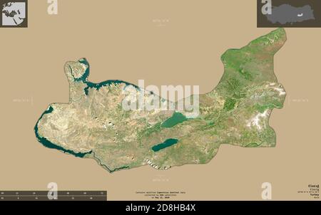 Elazg, Provinz Türkei. Sentinel-2 Satellitenbilder. Form isoliert auf durchgehenden Hintergrund mit informativen Überlagerungen. Enthält modifizierte Copernicus SE Stockfoto
