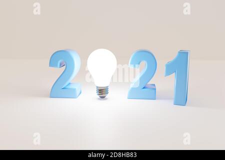 2021 Text mit Glühbirne in drei Dimensionen. 3d-Illustration. Stockfoto