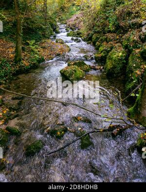 Wasserfälle und Pisten. Myra fällt in Niederösterreich. Stockfoto