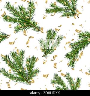 Tannenzweige, fallen realistisch glänzend goldenen Konfetti auf weißem Hintergrund. Nahtlose weihnachten und Neujahr Muster. Toll für Weihnachten und New Y Stock Vektor