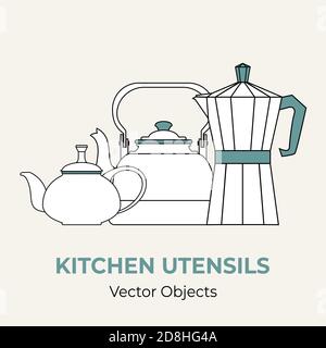 Getränk Kaffee Tee Konzept Vektor isoliert. Teekanne Wasserkocher Moka Topf Kaffeemaschine einfache Form. Linienabbildung Logo Stock Vektor