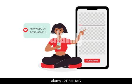 Youtube-Illustration. Mädchen Zeigt Auf Smartphone Vektor Hand Gezeichnet Illustration Stock Vektor