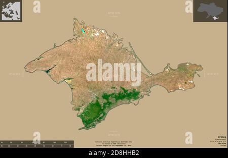 Krim, autonome republik Ukraine. Sentinel-2 Satellitenbilder. Form isoliert auf durchgehenden Hintergrund mit informativen Überlagerungen. Enthält geändert Stockfoto