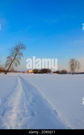 Sonnige Winterlandschaft mit Wanderweg im Tiefschnee Stockfoto