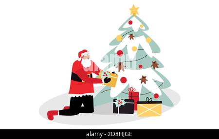 Weihnachtsmann legte Geschenke unter den Weihnachtsbaum. Winter Vektorgrafik Stock Vektor