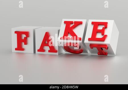 Würfel mit Buchstaben umkehren und die Wörter ändern sich von TATSACHE zu FÄLSCHUNG. 3d-Rendering Stockfoto