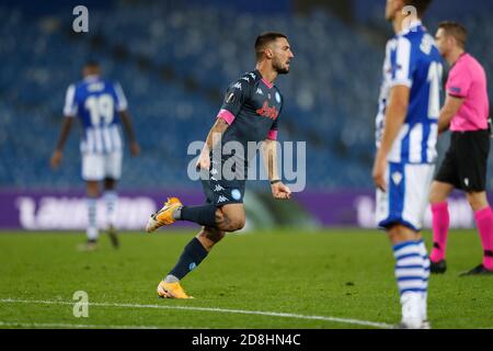 San Sebastian, Spanien. Okt. 2020. Matteo Politano (Napoli) Fußball: Politano feiern nach seinem Tor während der UEFA Europa League Group Stage Gruppe F Spiel zwischen Real Sociedad 0-1 SSC Napoli im Estadio de Anoeta in San Sebastian, Spanien . Quelle: Mutsu Kawamori/AFLO/Alamy Live News Stockfoto