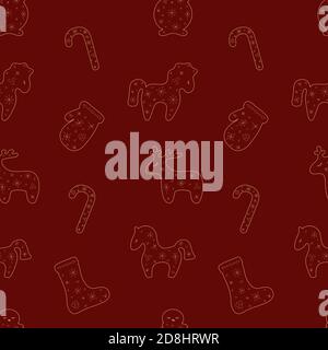 Weihnachtliche nahtlose transparente goldene Muster auf dunkelrotem Hintergrund. Vektor-Illustration mit stilisierten Hirsch, Hors, Schneemann, Socke, Fäustlinge, Süßigkeiten. Stock Vektor