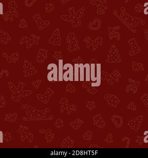 Weihnachtliche nahtlose transparente goldene Muster auf dunkelrotem Hintergrund. Vektor-Illustration mit stilisierten Hirsch, Hors, Baum, Kaninchen, Engel, Schneemann, Socke Stock Vektor