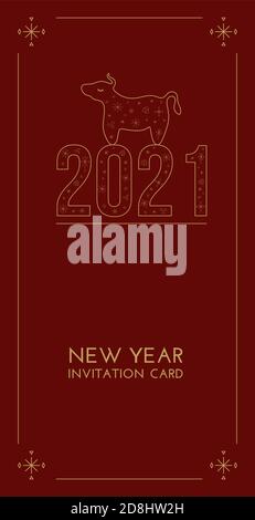 Neujahr Einladung Luxus-Karte. Vektor transparente goldene Illustration mit stilisierten Elementen 2021 und Symbol des Neujahrsbullen auf dunkelrotem Hintergrund Stock Vektor