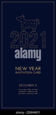 Neujahr Einladung Luxus-Karte. Vektor transparente goldene Illustration mit stilisierten Elementen 2021 und Symbol des Neujahrsbullen auf dunkelblauem Backgroun Stock Vektor