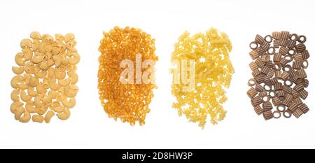 Nahaufnahme Detail von vier Pasta-Typen isoliert auf einem weißen Hintergrund abstrakte Lebensmittel Bild Stockfoto