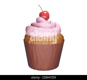 Lecker leckeren Cupcake mit der rosa Vereisung auf der Oberseite und Kirsche isoliert auf weiß, 3d-Render Stockfoto