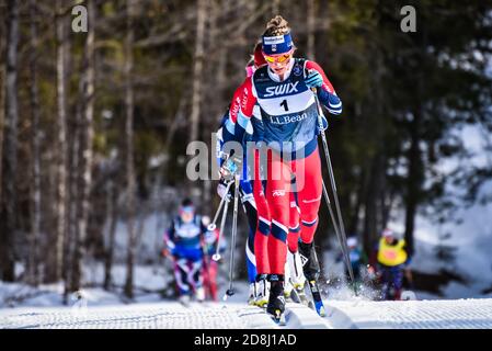 JESSIE Diggins, MITGLIED DES US Ski Teams, führt beim 30 Kilometer langen Klassikrennen beim Super Tour Finale 2018 in Craftsbury, Vermont, USA, an Stockfoto