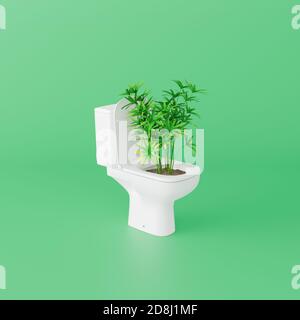 Pflanze wächst aus der Toilette, Wachstumskonzept auf grünem Hintergrund. 3d-Rendern 3d-Illustration Stockfoto