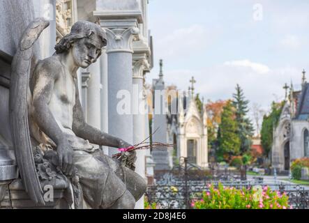 Skulptur eines steinernen geflügelten Engels auf einem Grab auf dem Friedhof. Selektiver Fokus Stockfoto