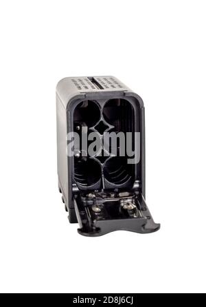 Batterie Adapter für elektronische Geräte. Auf weissem Hintergrund. Stockfoto