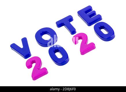 Text VOTUM 2020 in Plastikbuchstaben auf weißem Hintergrund geschrieben. Konzept für den Wahlkampf. Stockfoto