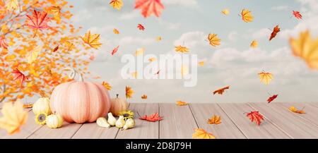 Herbst saisonaler Hintergrund mit fallenden Blättern und Kürbissen auf Holz Plank 3d Render 3d-Illustration Stockfoto