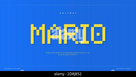 Pixelalphabet. Retro 8-Bit-Schriftart, Typ für Retro-Videospiel-Score, digitales Logo, verpixelte Schrift und Maxi-Typografie. 80er Jahre Stil Buchstaben, Vektor Stock Vektor