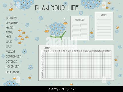 Planen Sie Ihr Leben Set mit Wunschliste, Notizen, Ziel und Gewohnheit Tracker für das Jahr mit Monatsliste für Aufkleber, Vergiss-mich-Nots und Bienen Stock Vektor