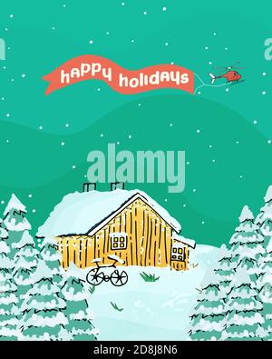 Happy Holidays Karte mit Holz skandinavischen Haus mit Licht im Inneren, weihnachtsbäume und Fahrrad, Schnee und Hubschrauber Stock Vektor