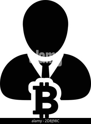 Blockchain-Symbolvektor für Bitcoin-Kryptowährung mit männlichem Personenprofil avatar für digitale Brieftasche in einer Glyphe Piktogramm-Illustration Stock Vektor