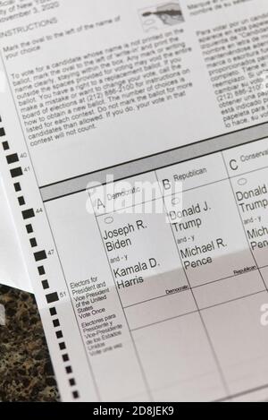 Nahaufnahme eines Abwesenheitswahlkampfs des Staates New York für die Präsidentschaftswahlen 2020, Freitag, 30. Oktober 2020, New York City, NY USA. Stockfoto