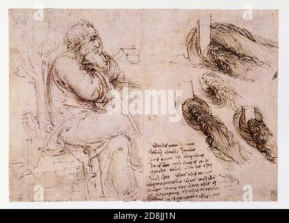 Leonardo da Vinci. Ein sitzender alter Mann mit Wasserstudien. 1513. Stift und Tinte. Stockfoto