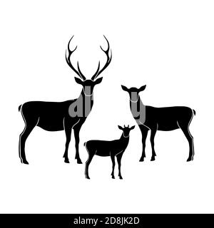 Wildfamilie Vektor isolierte Illustration. Hirsch-Papa, Hirsch-Mama und Fawn isolierte Silhouetten. . Vektorgrafik Stock Vektor